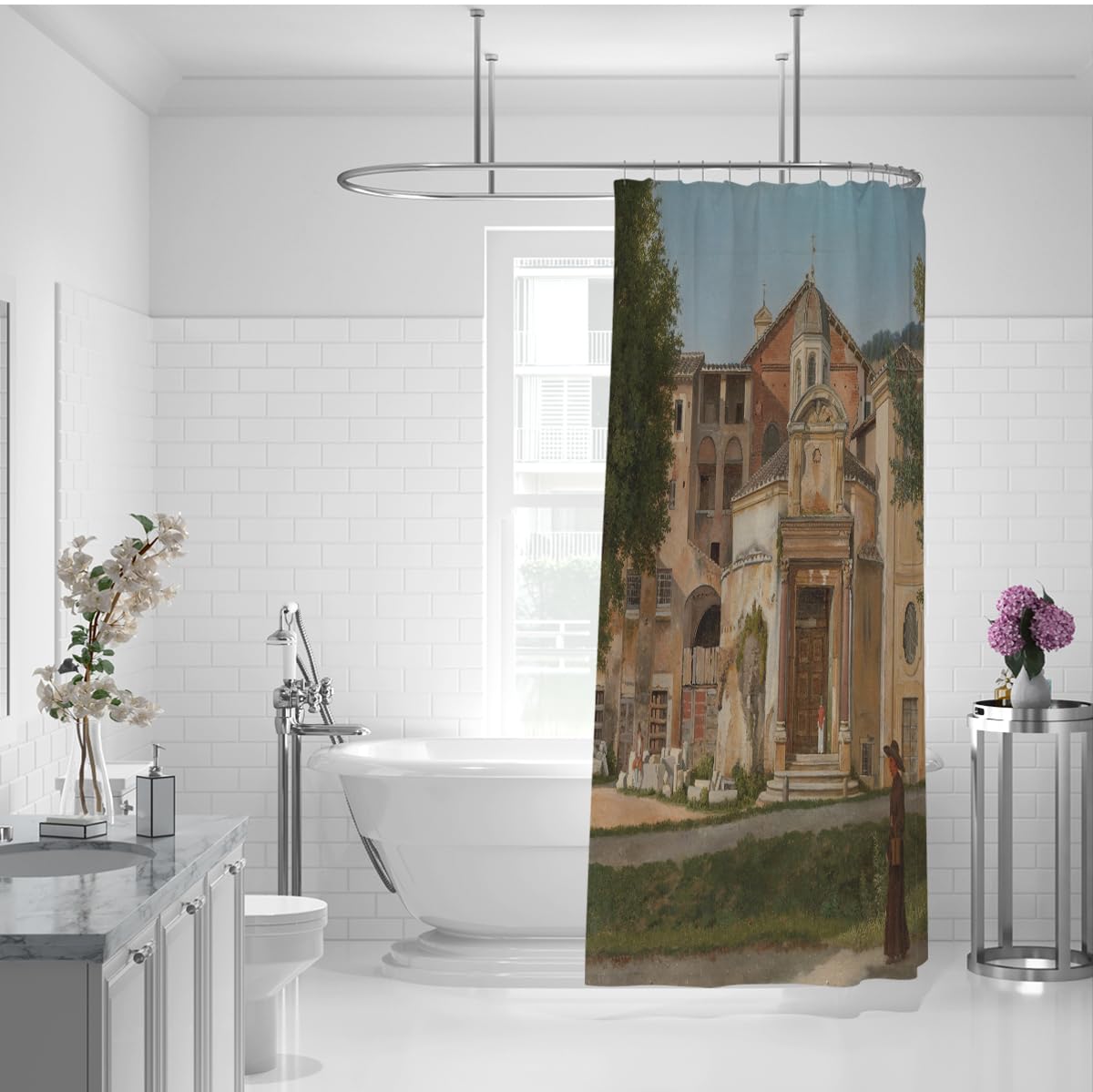 Neoklassizismus Kunst Duschvorhang Rom Architektur Nostalgisch Italien Landschaft Ölgemälde Stil Badevorhang Trocken- und Nasstrennung wasserdicht 200 x 200 cm