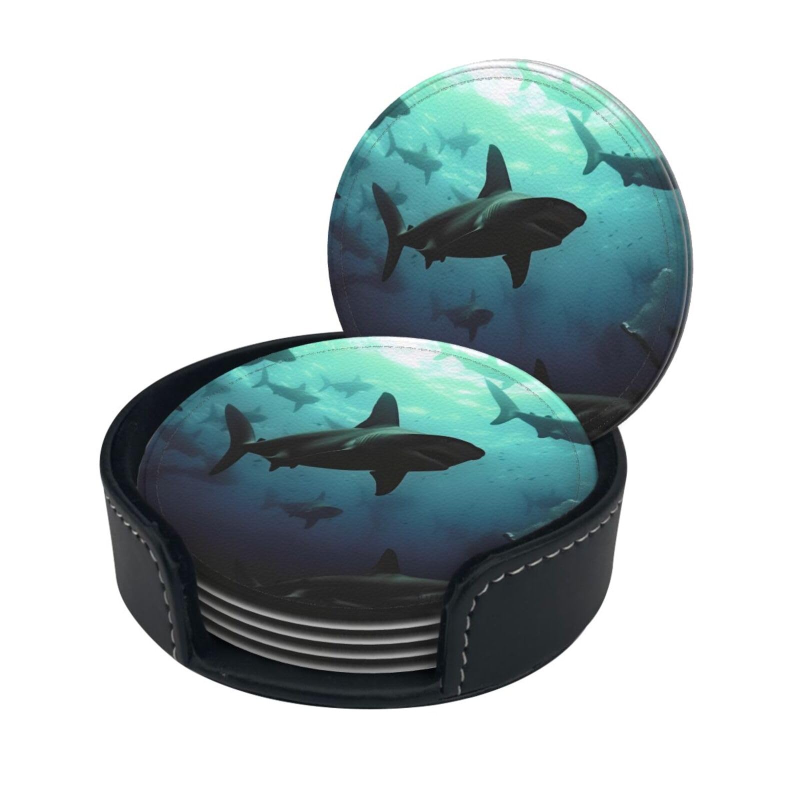 Stylish Coasters - Hammerhead Sharks Set of 6 Round Leather Drink Coasters with Holder - Perfect Size for Cups and Glasses