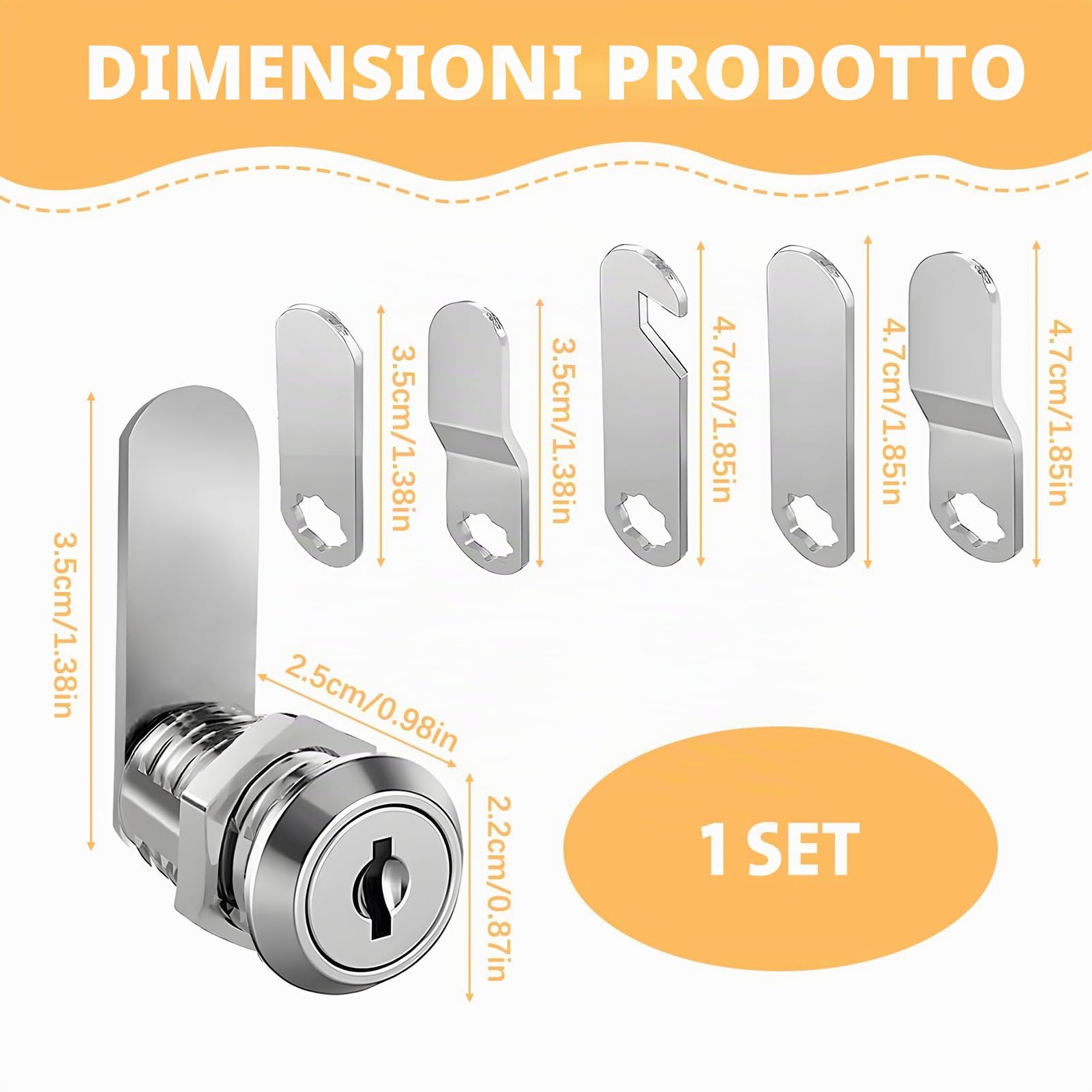 Serratura per Cassetta delle Lettere e Armadietto, 16 mm, con 4 Chiavi e 5 Piastre di Serratura Diverse, Serratura a Camme in Lega di Zinco Cromata, Ø 18 mm, Adatta per Porte e Cassetti