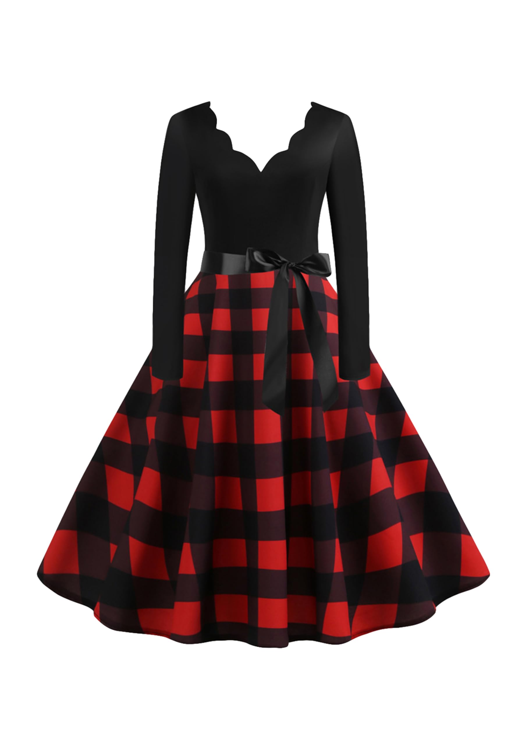 Elegant kerstjurk voor dames, langarm, met kerstmotief, funky Hepburn-stijl, vintage A-lijn, feestjurk, cocktailjurk voor vrouwen, A8-zwart, M