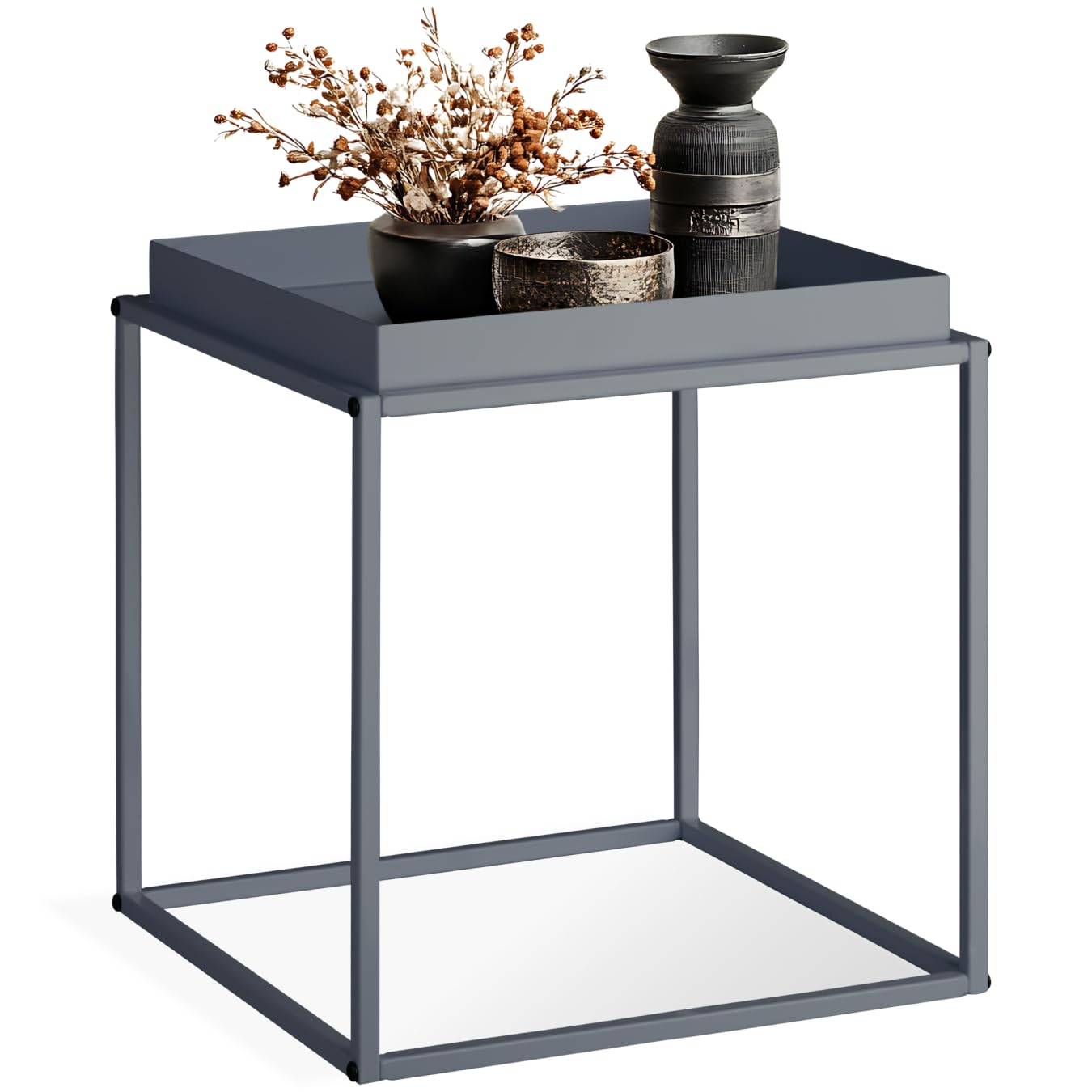 tectake® Metall Beistelltisch, Couchtisch, Nachttisch, Beistelltisch Couch quadratisch, stapelbar, Blumenständer, Zimmer Deko, Pflanzenständer, Deko Wohnzimmer Möbel, 40 x 40 x 44 cm - dunkelgrau