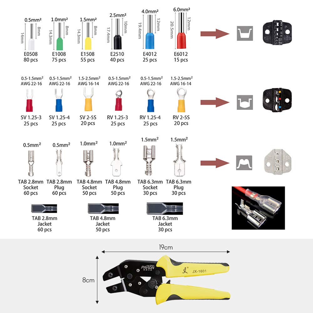 Kit di strumenti per crimpare cavi con ganasce intercambiabili, pinza a cricchetto e 850 terminali isolati 22-10 AWG (0,5-6,0 mm²), borsa per il trasporto organizzata