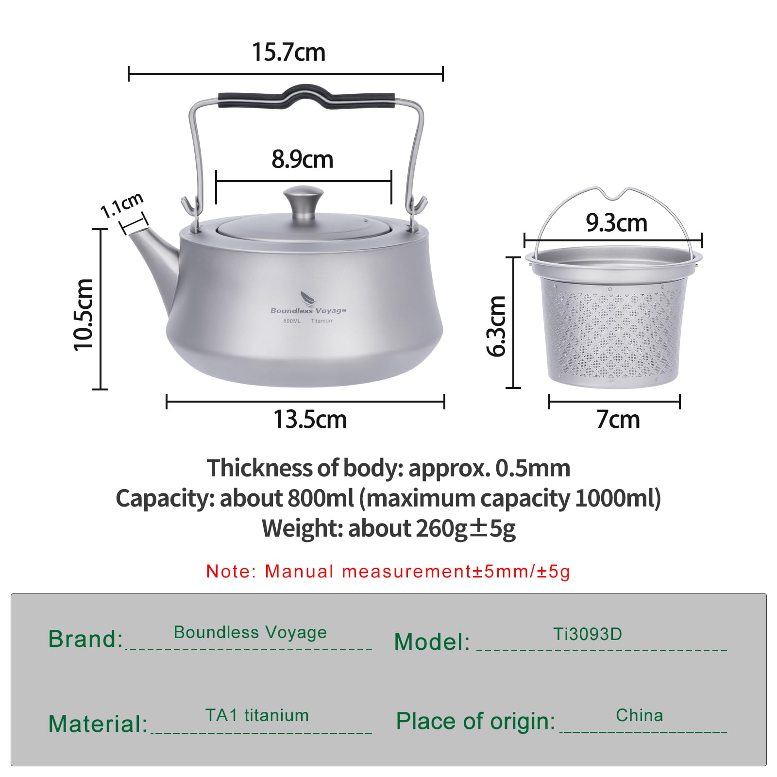 iBasingo Bollitore in titanio da 800 ml con infusore per tè sfuso, caffettiera con filtro e manico pieghevole, caldaia per acqua ultraleggera per campeggio all'aperto, brocca d'acqua Ti3093D