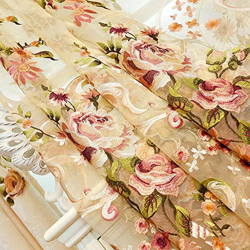 Beige Embroidered Sheer Voile Organza Window Curtains Rod Pocket Colorful Floral Gauze European Tulle Panel Draperies For Sliding Glass Door Living Room 52 Inch Wide By 84 Inch Long 1 Panel #TOP3
