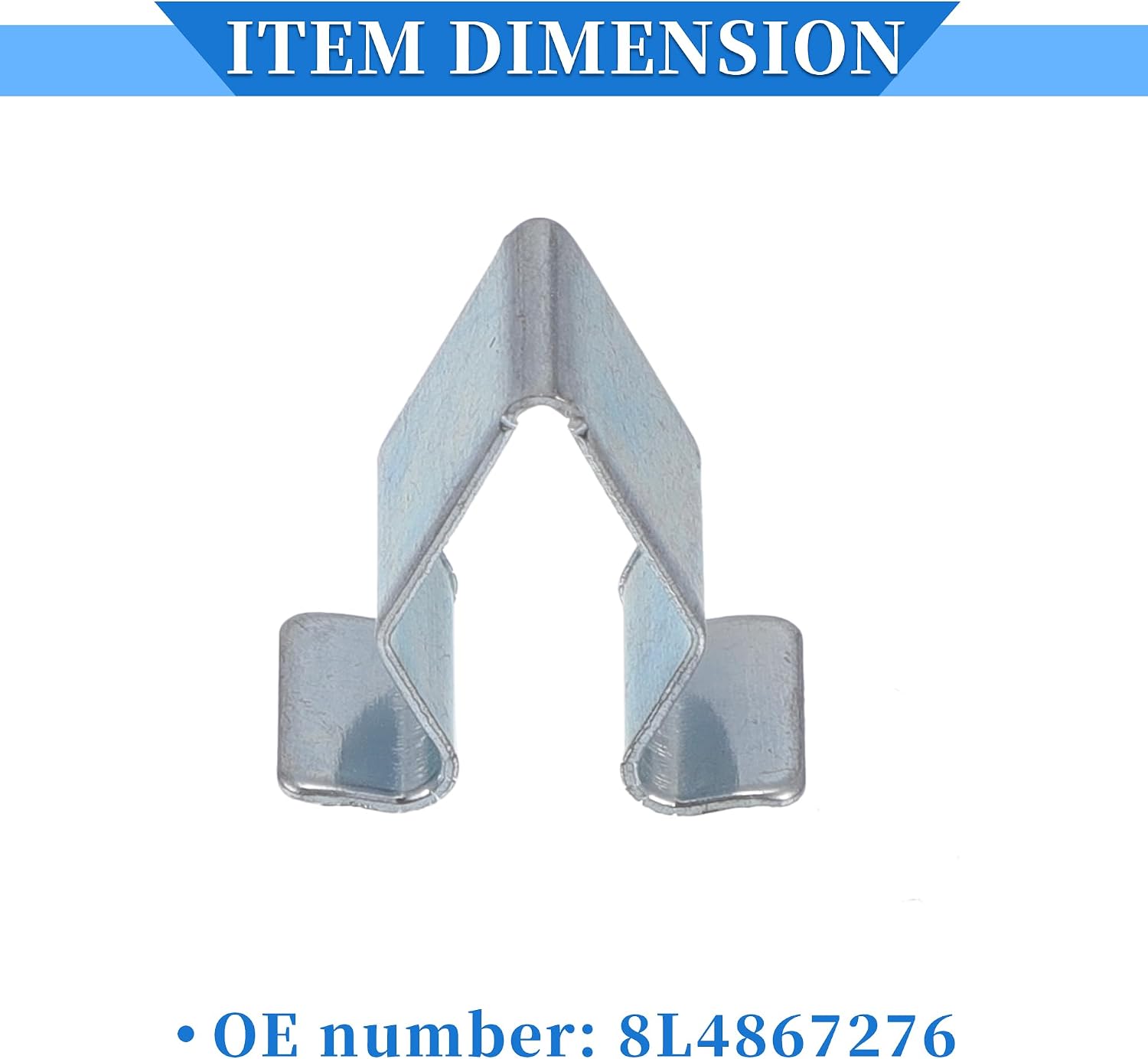 A single silver-tone metal trim clip shown from the front, with the OE number 8L4867276 displayed below it.