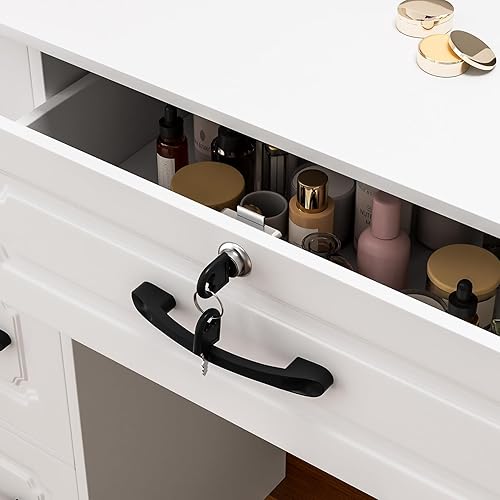 Miniatura 8 de Tocador blanco con espejo iluminado, tocador grande con 6 estantes abiertos y 4 cajones, escritorio de maquillaje espacioso para almacenamiento de