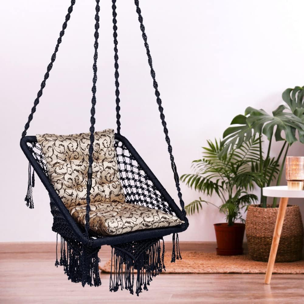 Patiofy Polyester Swing for Balcony, Home, and Living Room - Premium Square Jhula Chair for Adults With Golden Floral L Cushion and Free Hanging Kit - Navy Blue