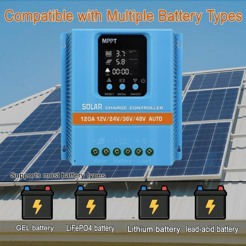 120A Solar Charge Controller 12V 24V 36V 48V Intelligent Recognition LCD Display Battery Intelligent Regulator Maximum 100V Input Dual USB for Lead Acid/Lithium Battery