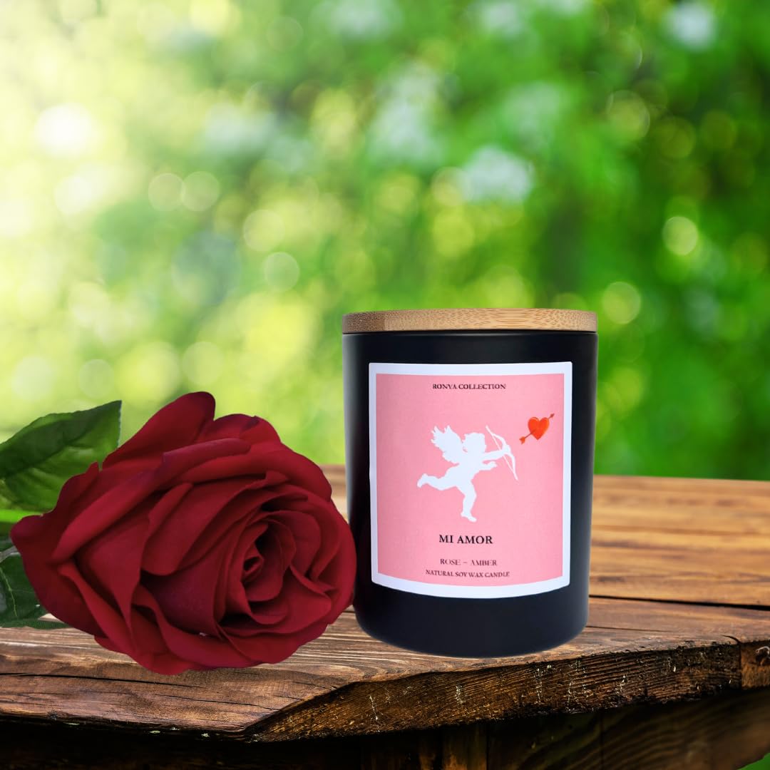 Ronya Collection Candle | Mi Amor | Rose-Amber Scent | 8 oz Natural Soy Candle | Hand Poured in USA | Giftable and Elegant Design
