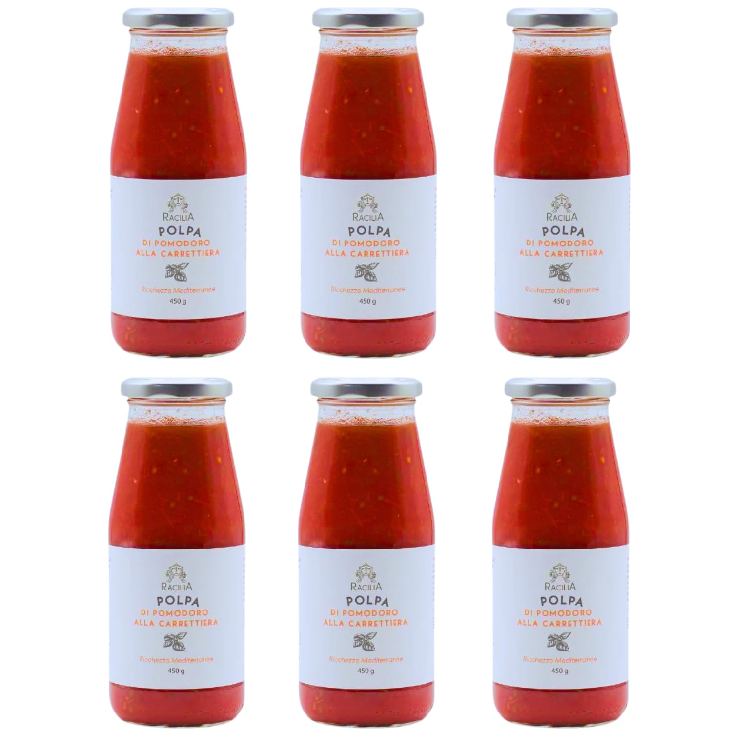 RACILIA 6x450gr Polpa di Pomodoro alla Carrettiera con Siciliano Siccagno, Basilico, Aglio, Zucchero da Barbabietola Italiana - Vegano, Senza Ogm | Pomodori Tradizione Siciliana