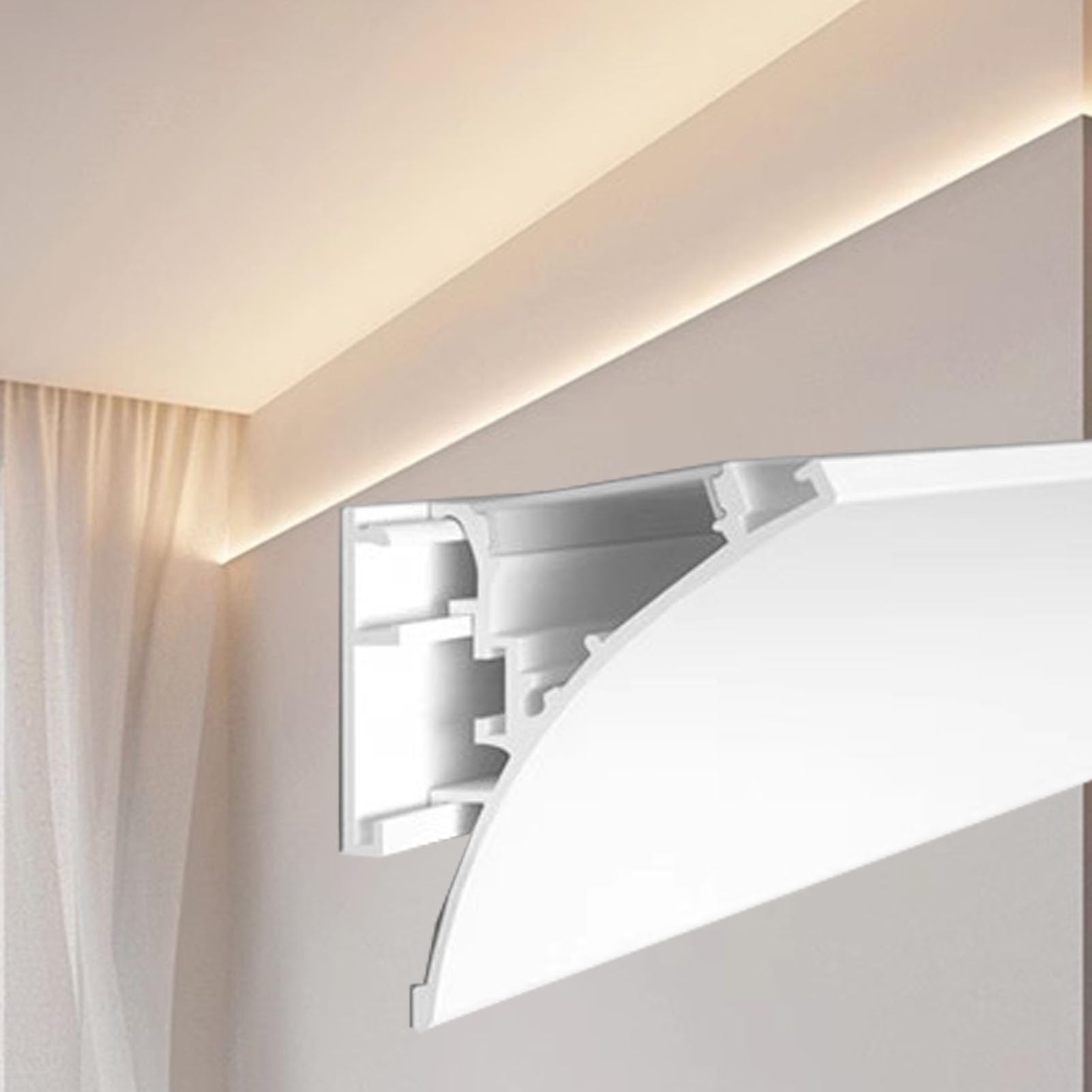 Listwa sufitowa, system kanałów dyfuzorowych LED - Aluminiowa listwa gzymsowa do taśm świetlnych sufitowych, długość 1 m/2 m/3 m, idealna do oświetlenia korytarza, salonu i