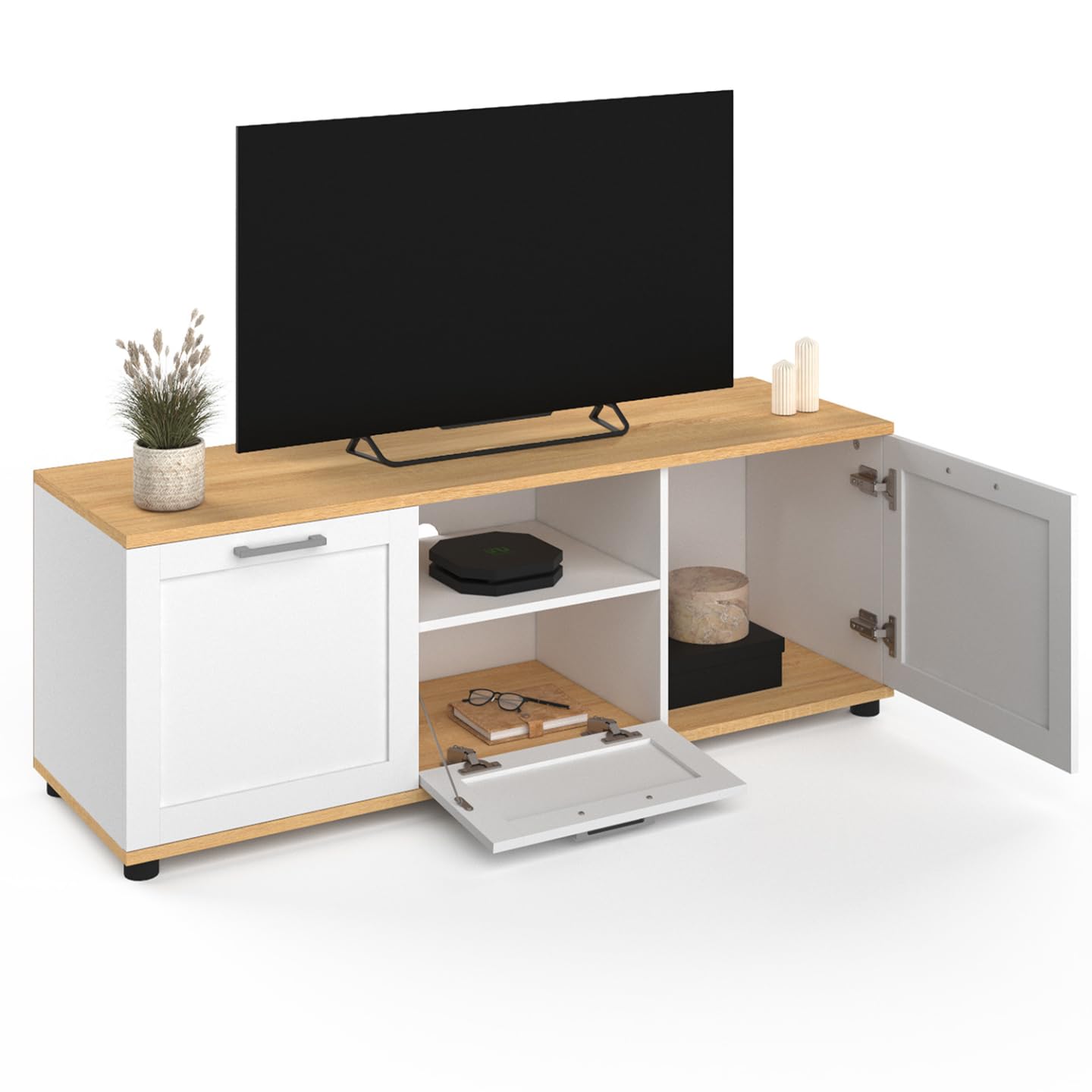 IDMarket - Mueble TV VITO con cajón y hornacina blancos y encimera de madera de 110 cm