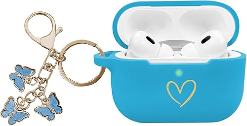 Funda compatible con AirPods Pro 2 2022, funda de silicona suave con patrón de corazón dorado para AirPods Pro de 2 generación con bonito llavero de