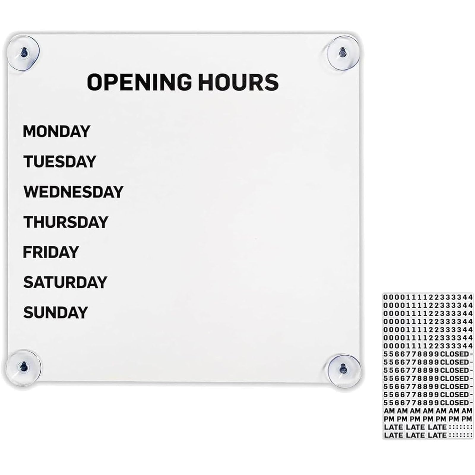 Letrero de horario comercial metálico para cambiar las horas fácilmente sin usar adhesivos