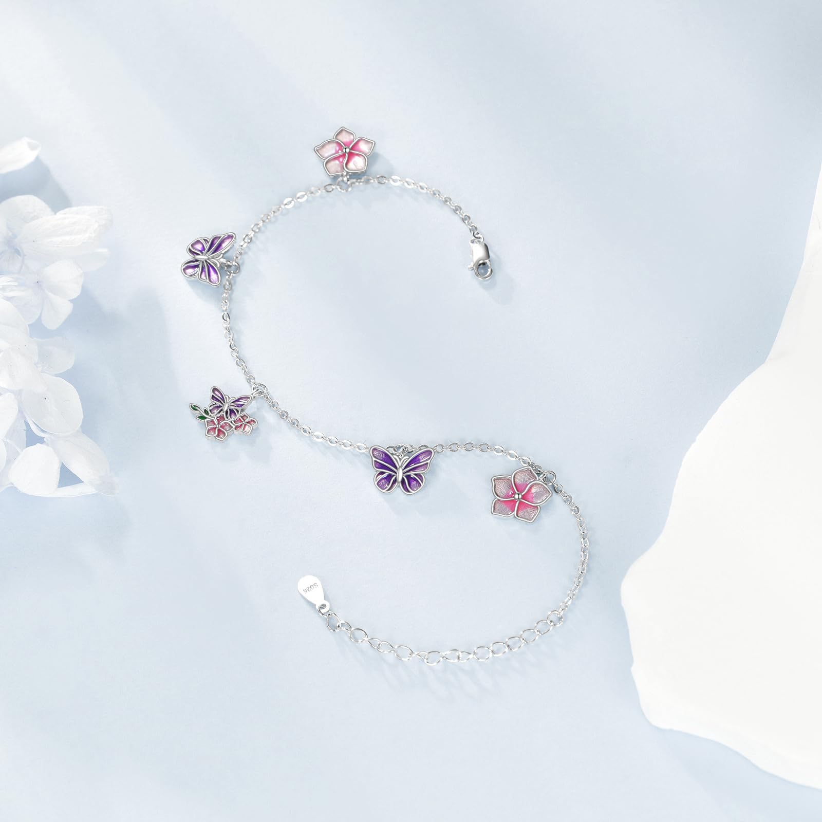 LONAGO Pulsera de Mariposa Plata de Ley 925 Mariposa Morada con Flor Pulsera para Regalo