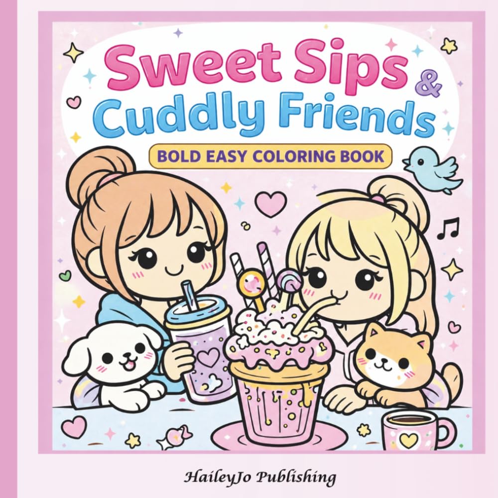 Sweet Sips & Cuddly Friends | Bold Easy Coloring: Kawaii Coloring Book for Kids & Girls | Cute Animals, Sweet Treats, Cozy Drinks, Bold Lines & Easy Pages for Relaxing Fun