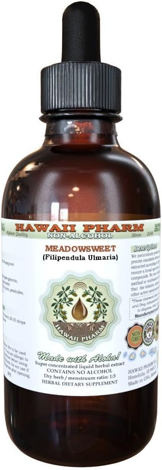 Hawaii Pharm Meadowsweet Alcohol-Free Liquid Extract, Meadowsweet (Filipendula Ulmaria) Herb Glycerite Natural Herbal Supplement, USA 2 oz