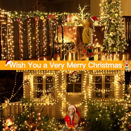 Image of Ollny Christmas Lights 800 LED 262 FT Plug in, IP67 Waterproof Green Wire Outdoor Christmas Lights with Remote, 8 Modes and Timer Outdoor String Light for House Indoor Xmas Decorations (Warm White)