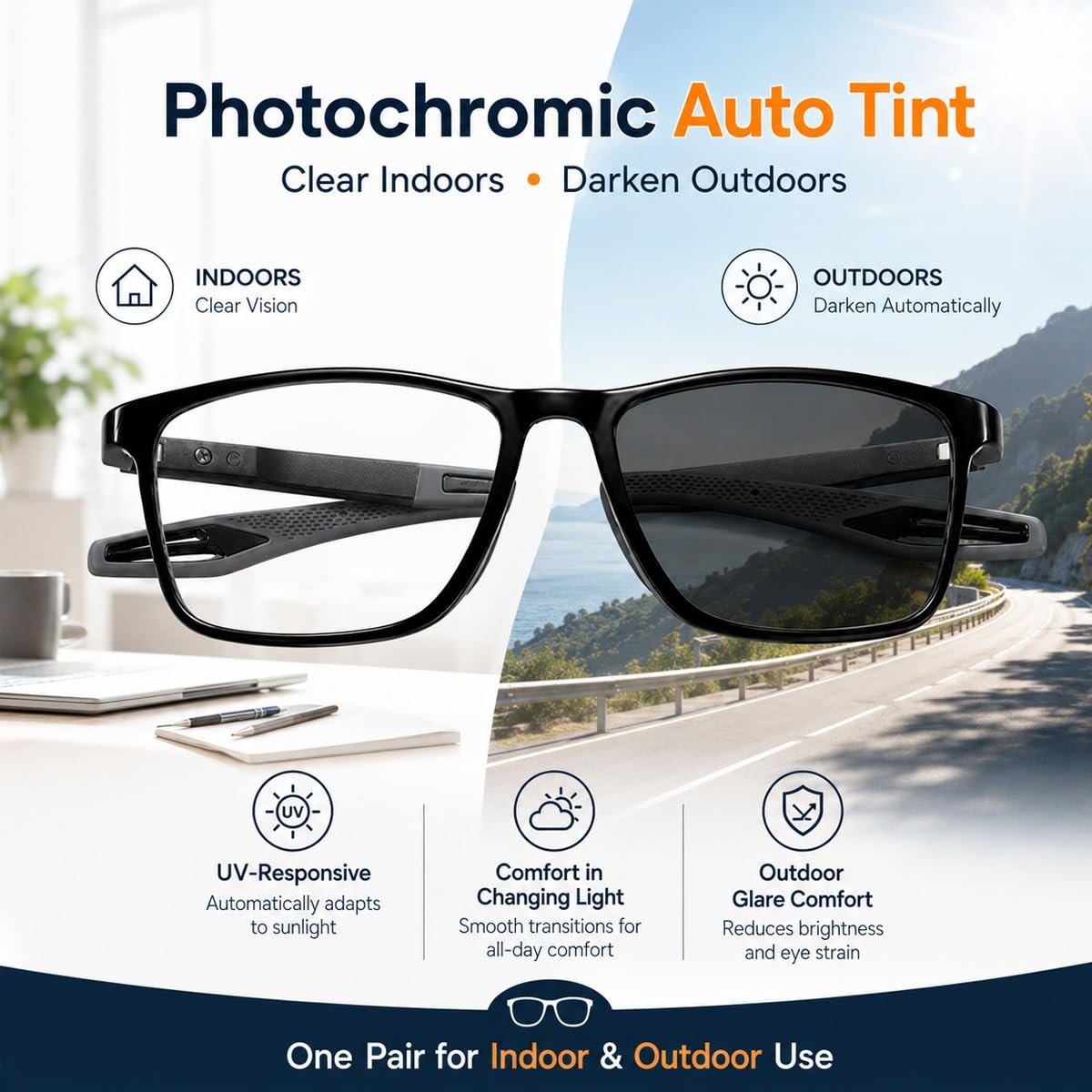 Generisch 3er-Pack Selbsttönende Gleitsicht Lesebrille Damen Herren, Progressive Multifokus Blaulichtfilter Computerbrille, TR90 Rahmen mit Federscharnier