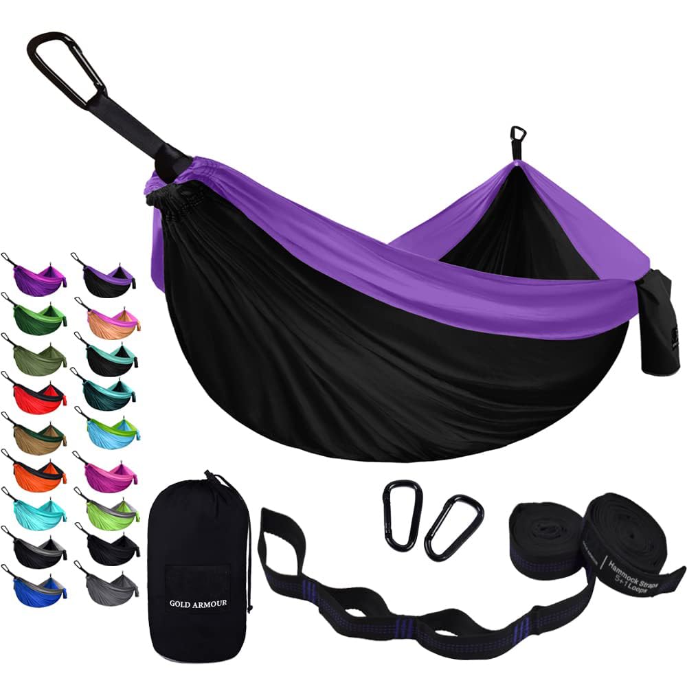 Gold Armour Camping Hammock - USA Brand Single Parachute Hammock (2 Tree Straps 10 Loops/20 ft Included) Lightweight Nylon Portable Adult Kids (Black and Purple)