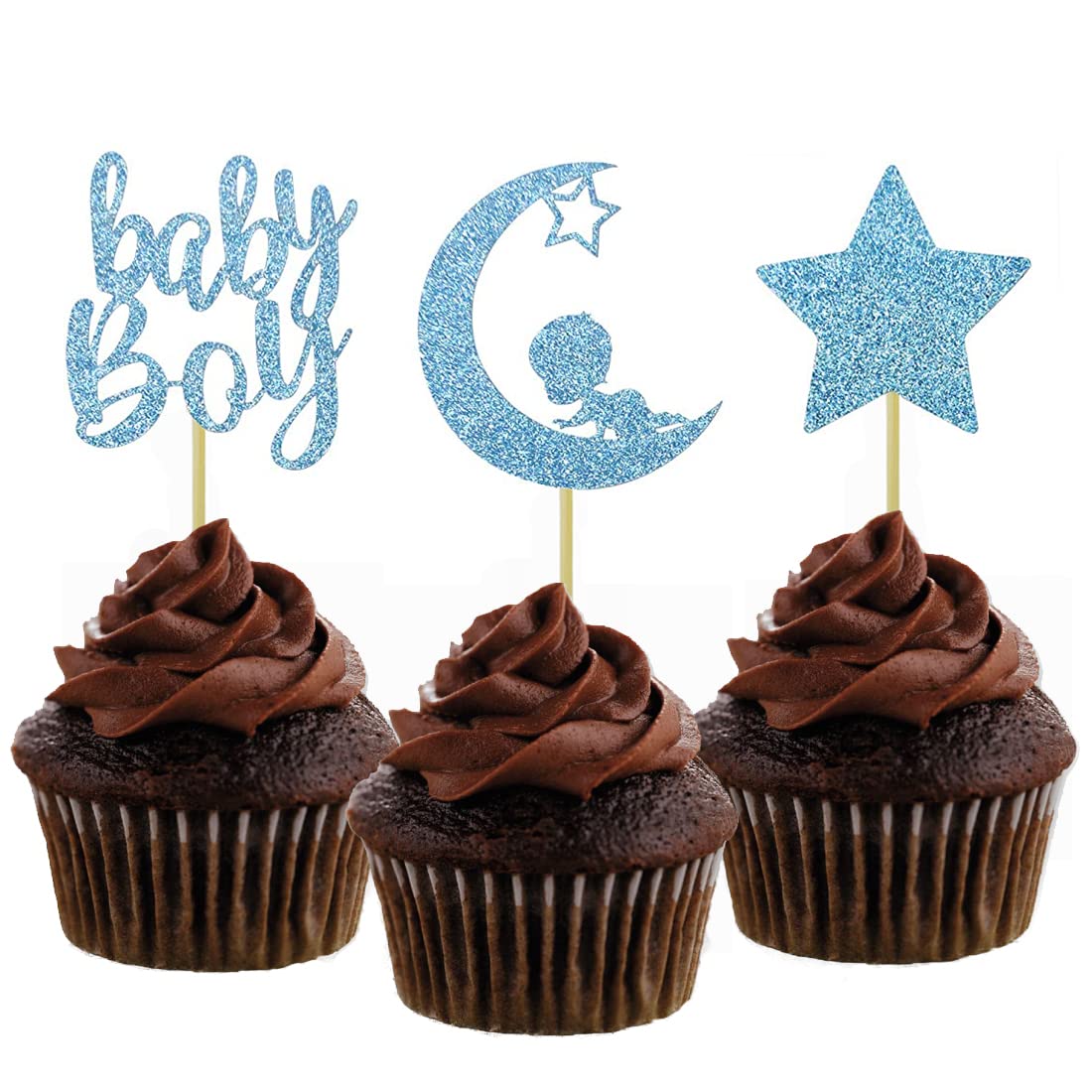 Morndew24 PCS Blue Glitter Baby Boy Moon Star Cupcake Toppers for Boys Birthday Party Gender Reveal Party Baby Shower Decorations