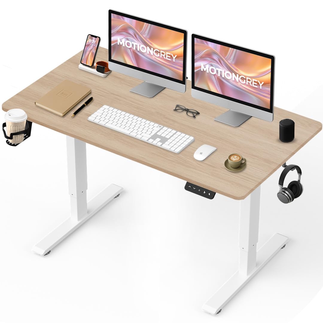 MOTIONGREY - Electric Motor Height Adjustable Standing Desk, Ergonomic Stand Up Desk, Adjustable Computer Sit Stand Desk Stand (White + Lightbrown, 43