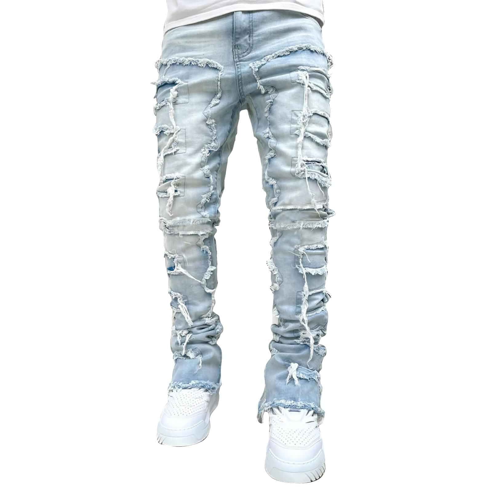 Stacked Jeans Men Men's Ripped Patch Distressed Destroyed Denim Trousers Streetwear Pants Daily Fit Jeans