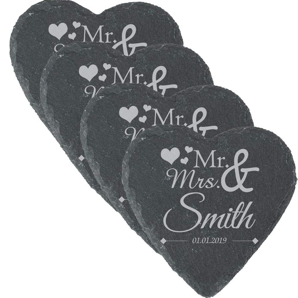 All Things Personalised Set Of 4 Personalised Engraved Heart Slate Wedding Coaster Mr&Mrs With Hearts