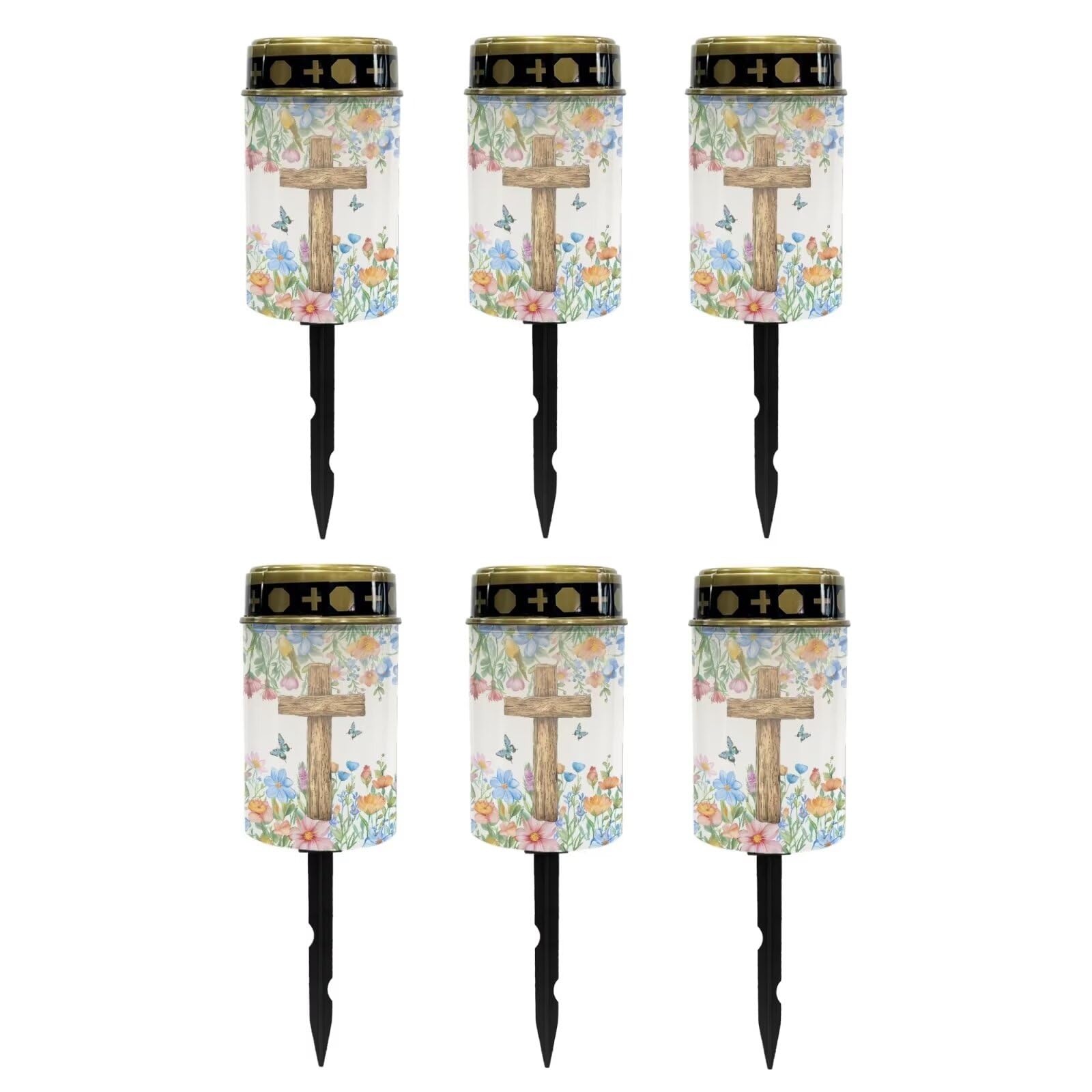 Poceacles Cross Solar Lights Solar Cemetery Lights Solar Grave Lights Outdoor Waterproof Decoration Pathway Lights Garden Solar Candle for Memorial Day Decor, Flower Butterfly Cross, Pack of 6