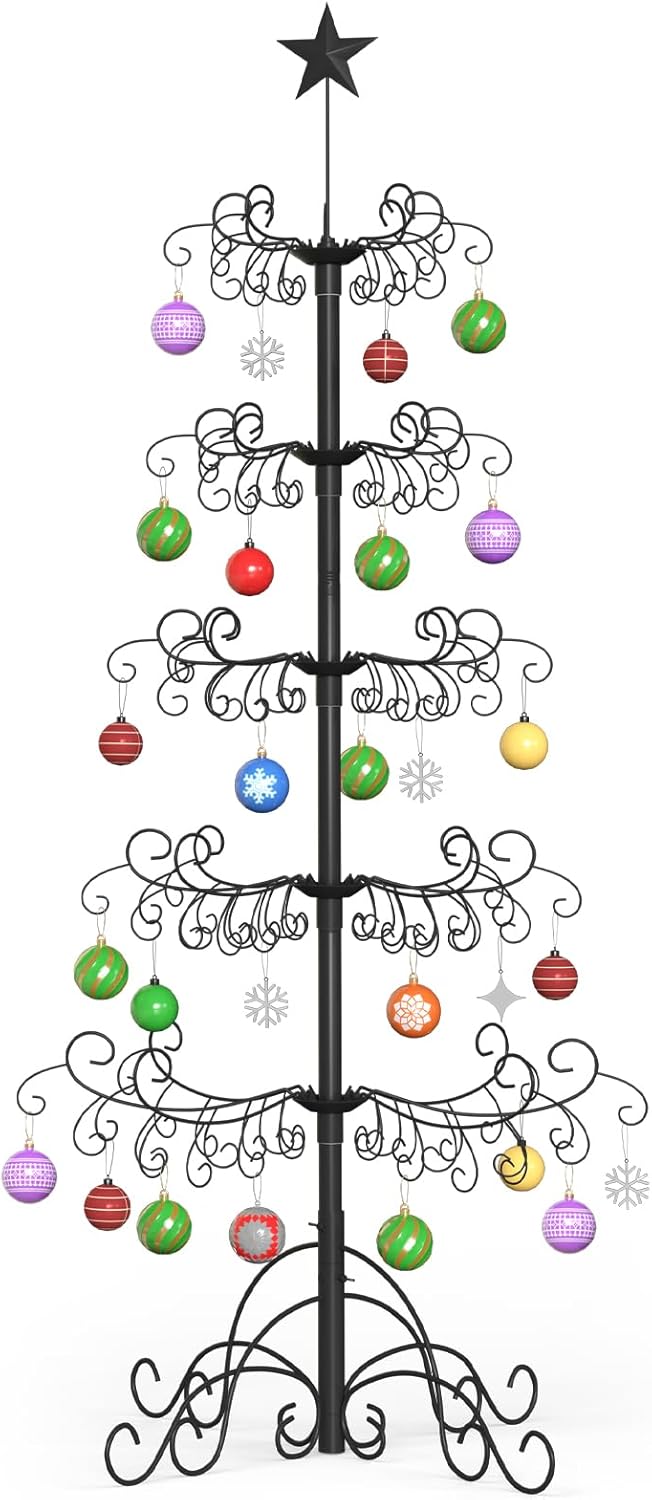 DoCred 6 Ft Metal Ornament Display Stand, Wrought Iron Christmas Tree Ornament Holder Hanger Wire Hanging for Halloween Xmas Glass Balls Decorations Gift, Black