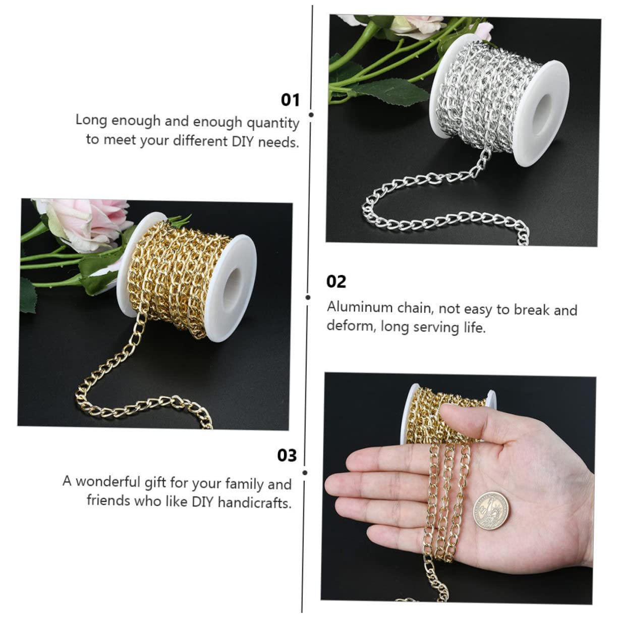 SHINEOFI 4rotoli Catena Alluminio per Creazioni Fai da Te da Metri per Collane e Accessori Resistente e Versatile per Decorazioni e Progetti Creativi