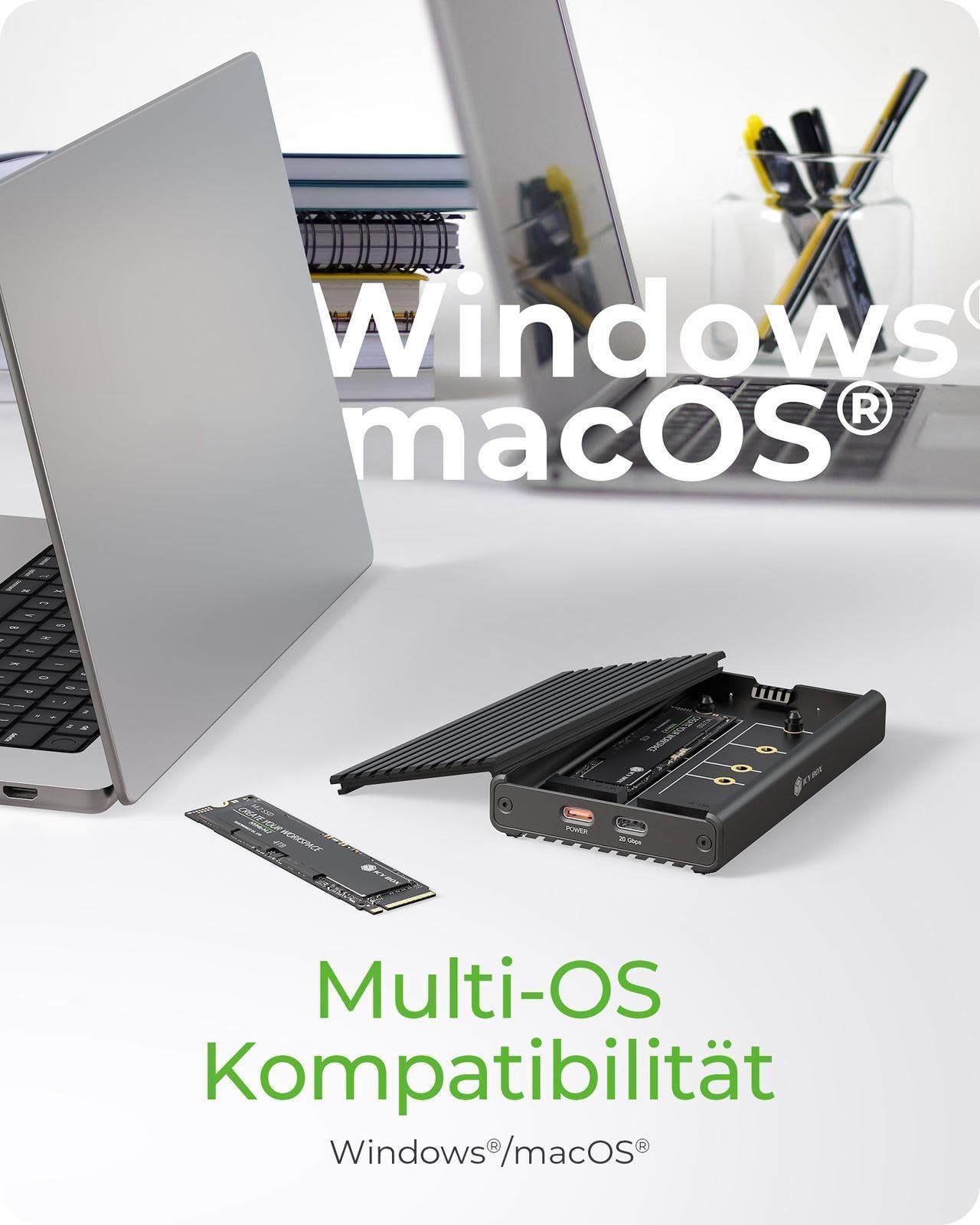 ICY Box 2-Fach M.2 SSD / NVMe Gehäuse, USB 3.2 Gen 2 (20 Gbit/s), Kühlsystem, Dual PCIe Gen 3x2 Unterstützung, USB-C, M-Key, Extern, NVMe Adapter, Aluminium, Schwarz