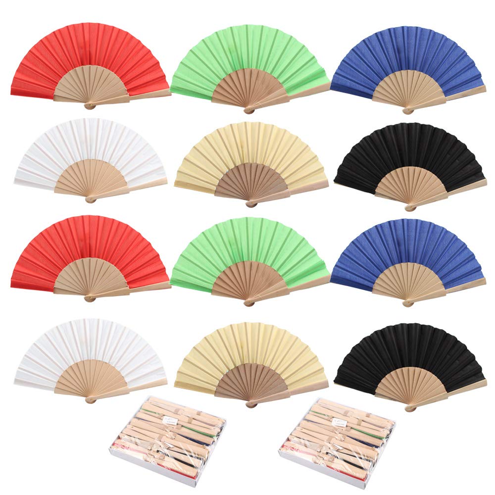 HUSL ABANICOS TELA 23 CM SURTIDOS, ABANICOS PARA EVENTOS, DETALLES PARA LOS INVITADOS, REGALOS DE BODA, FIESTAS, COMUNIÓN O BAUTIZO, VENTILADOR PLEGABLE DE MANO PARA HOMBRE Y MUJER -24 PIEZAS