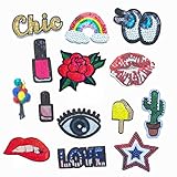 14 Pcs Iron On Embroidered Sequins Glitter Patch Set-Rainbow Blue Eyeball Lipstick Red Rose Red Lips Balloon Ice Cream Cactus Bling Eyes Twinkle Star Love Patch