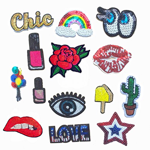 14 Pcs Iron On Embroidered Sequins Glitter Patch Set-Rainbow Blue Eyeball Lipstick Red Rose Red Lips Balloon Ice Cream Cactus Bling Eyes Twinkle Star Love Patch