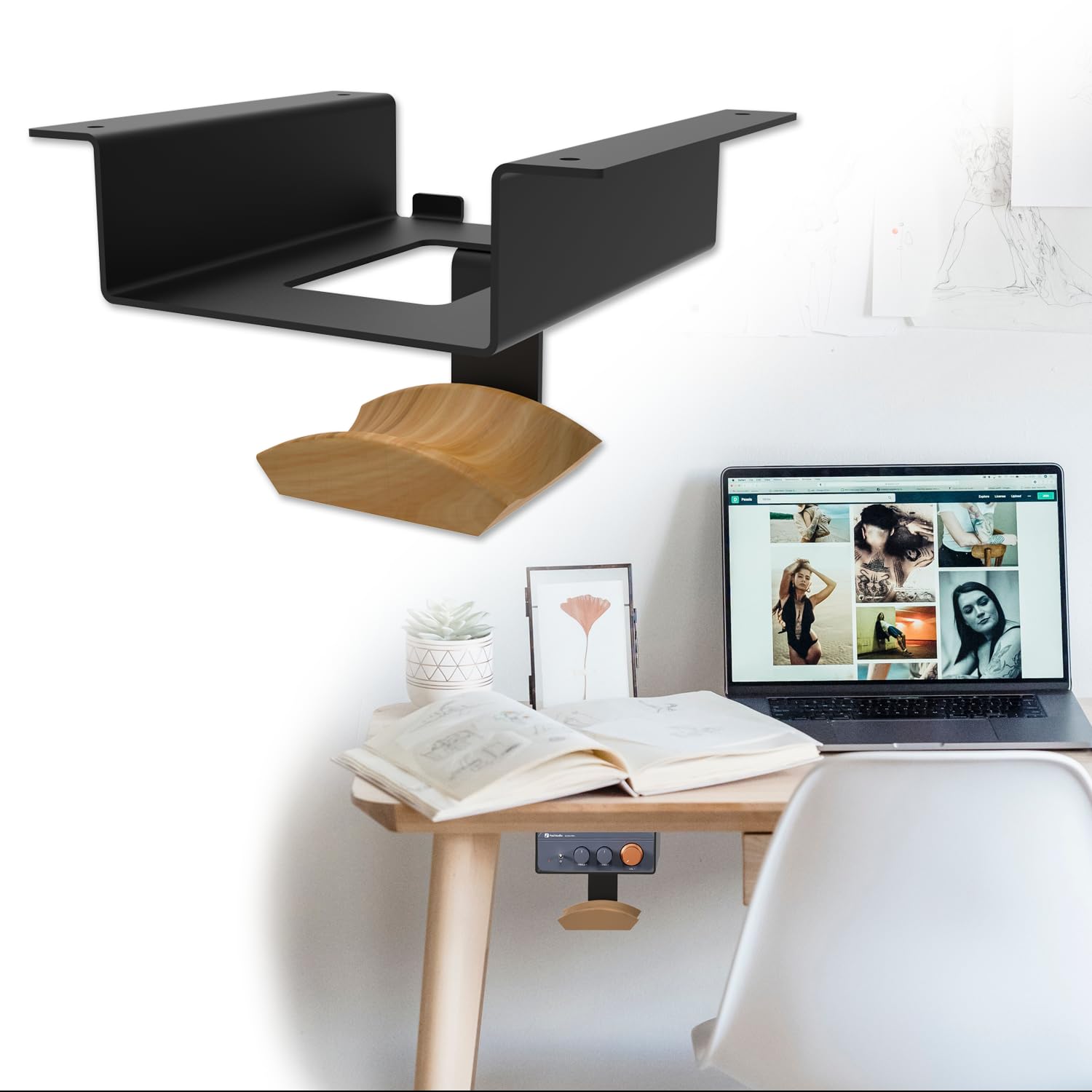 Supporto da scrivania per Fosi Audio BT20A Pro con gancio per cuffie in legno di faggio, staffa amplificatore in metallo per amplificatore stereo compatto, supporto organizer da scrivania, nero