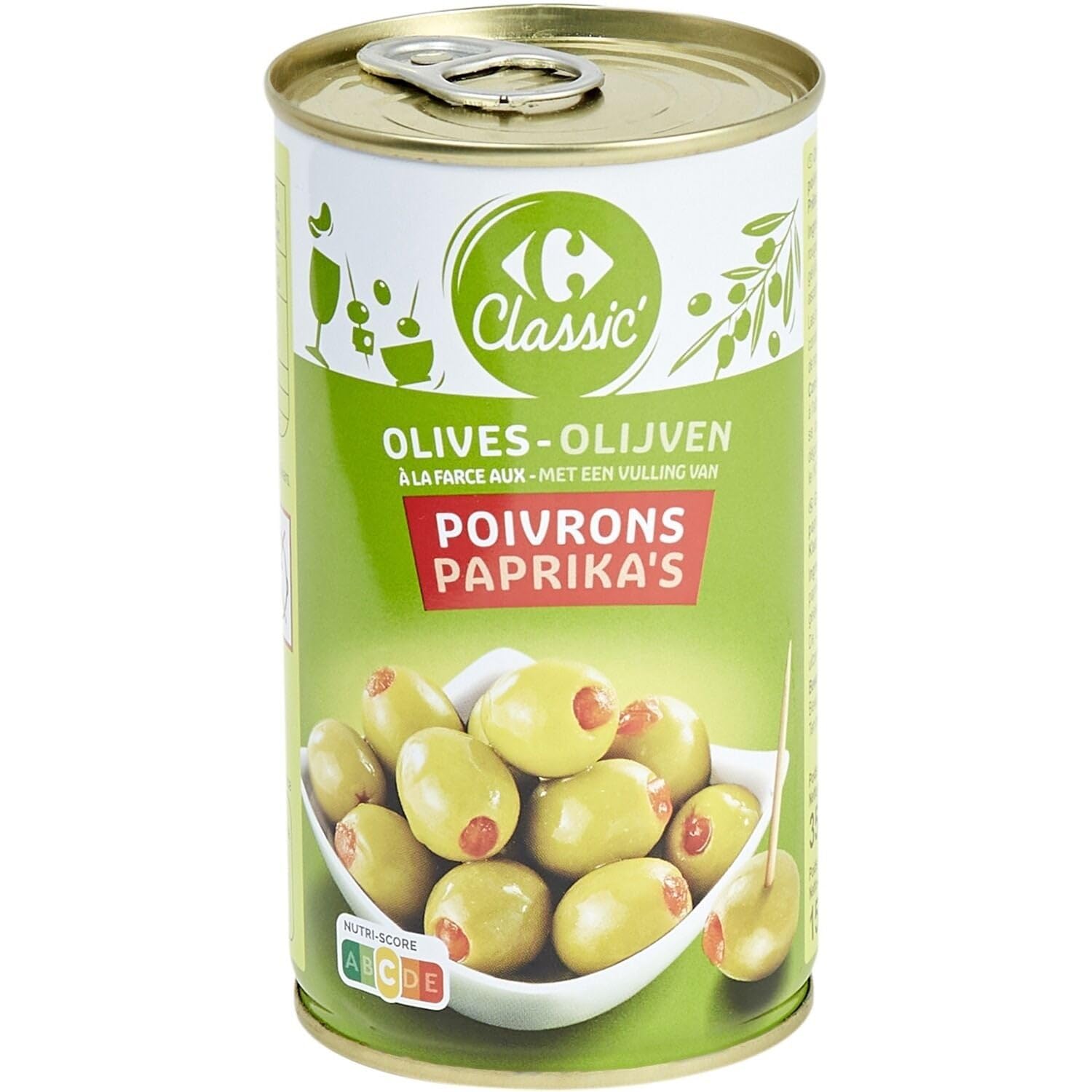 CARREFOUR CLASSIC' Olives Vertes Farcies aux Poivrons - Boîte Métal 350 g - Apéritif Prêt à Déguster - Saveur Authentique et Farciture Gourmande - Lot de 4