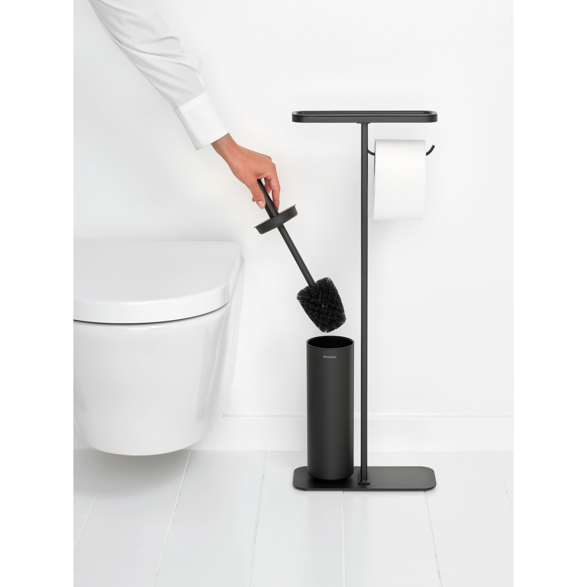 Brabantia - Mindset Mayordomo de Aseo - Estante de Baño, Portarrollos de Papel Higiénico & Escobilla de Inodoro Higiénica - Acero Resistente a la Corrosión - Gris Infinito - 75,5 x 12,5 x 29 cm