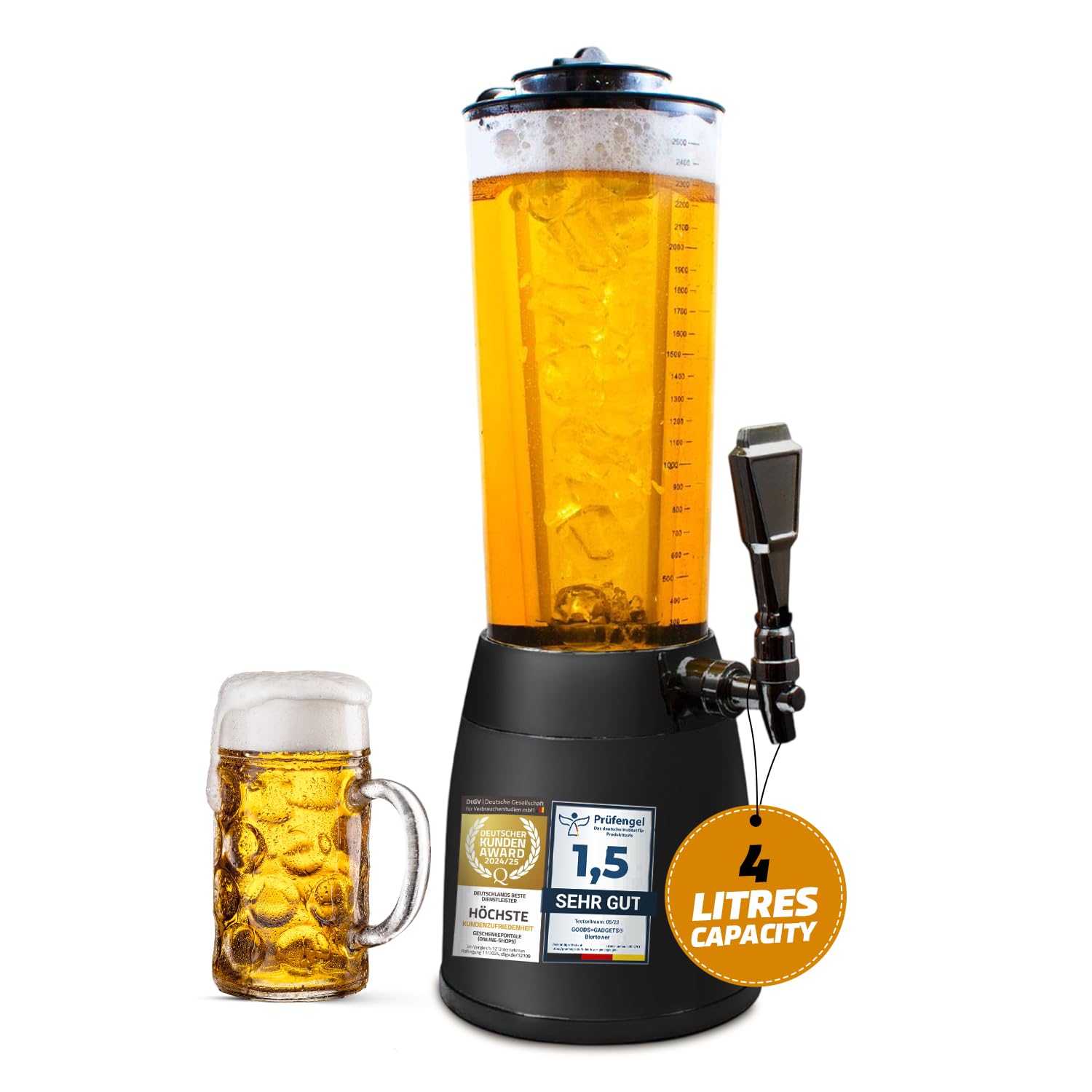 Beer-Tower XXL Drinks & Beverage Dispenser with Tap 4.0 litres with Ice Cooler - Beer Column from Bavaria (Black)