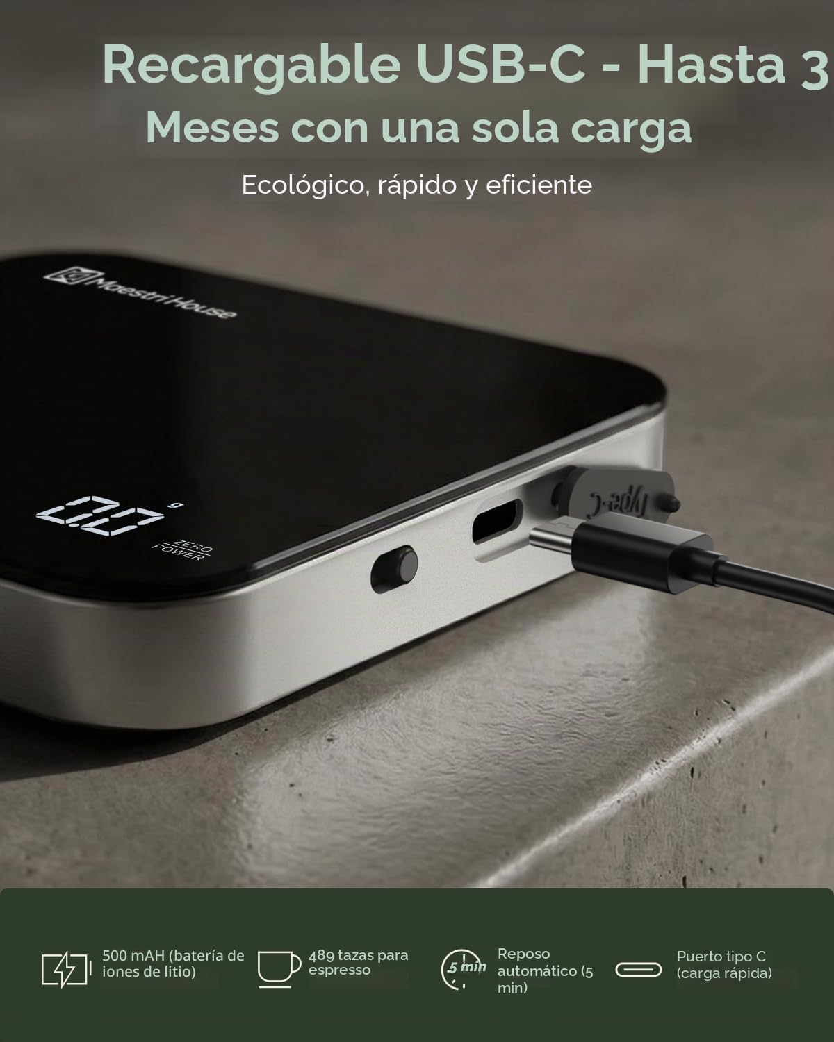 Báscula de Café Mini Recargable con Temporizador, Maestri House, Precisión 0.1g/2kg, para Espresso y Café de Filtro, Báscula Digital Portátil con Cronometraje Automático-Negro y Plata