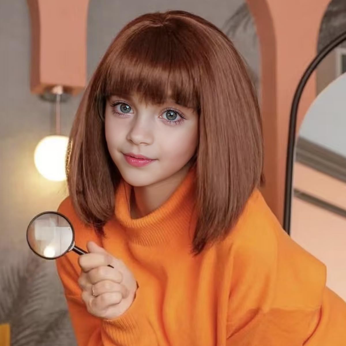 Ufindcos Kids Brown Bob Wig Girls Short Brown Wig with Bangs Child Dark Brown Halloween Cosplay Wigs for Kids
