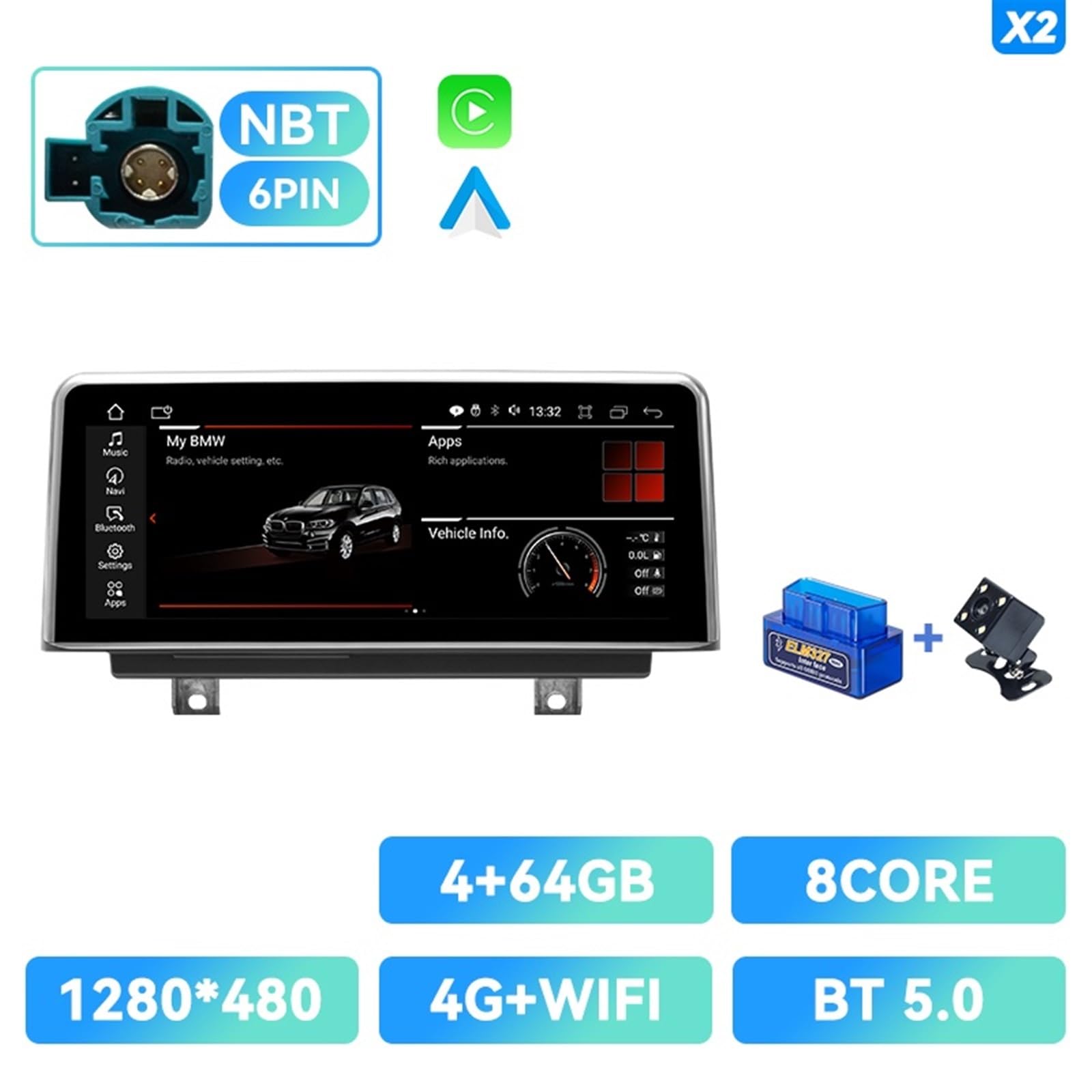Navigatore Satellitare Navigazione GPS for Lettore Multimediale for Auto(NBT 4G 64G OBD2 Cam)