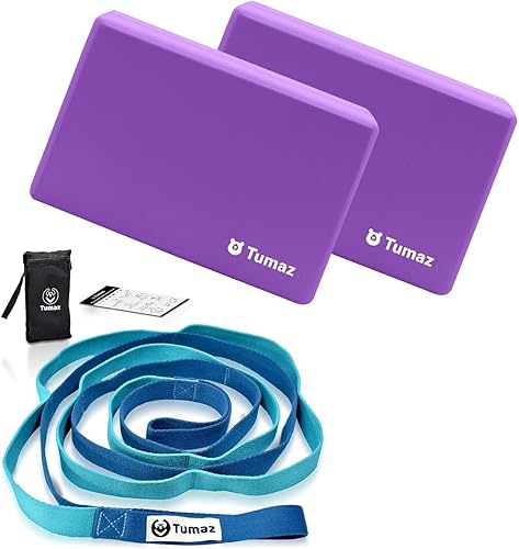 Tumaz Paquete esencial de yoga y estiramiento correa elástica no elástica de 10 bucles para terapia física, yoga, pilates y paquete de 2 bloques de