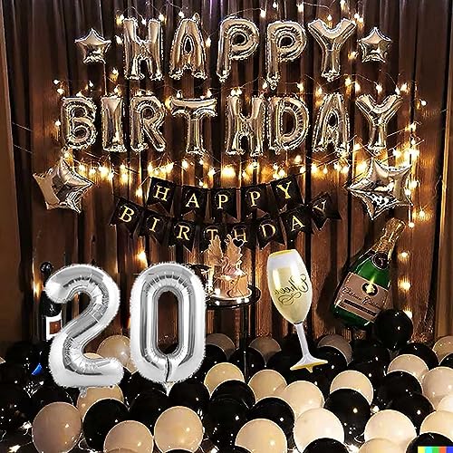 20歳 誕生日 バルーン 風船 バースデー 飾り付け セット数字 バルーン 20 付き 男の子 女の子 大人 シルバーブラック 誕生日 パーティー 飾り 誕生日デコレーション セットスターライト灯串付き