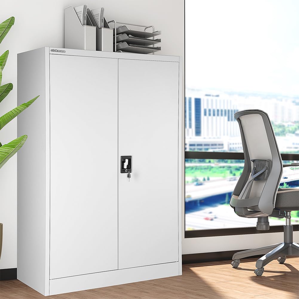 Armario de metal para oficina de 2 puertas con cerradura, armario con llaves gris multiusos, ideal para garaje, trabajo, mueble archivador archivador, estudio porta documentos (90 x 40 x 140 cm)
