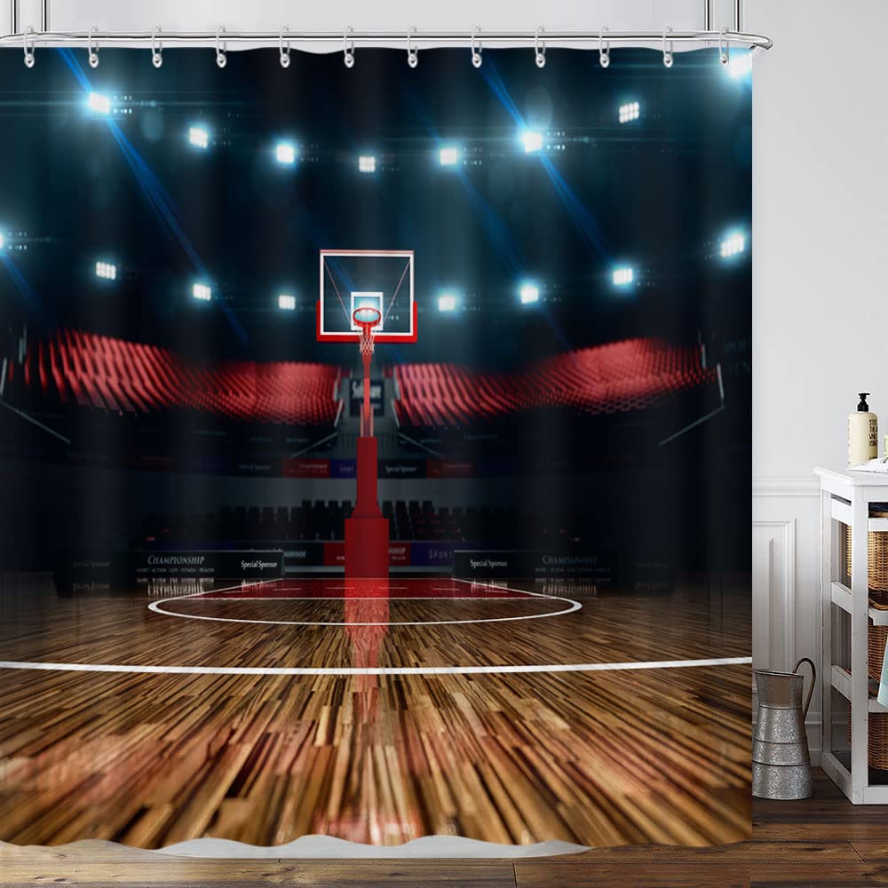 GOAOK Basketball Sports Shower Curtain for Bathroom,Professional Basketball Field Bath Curtain Arena Stadium Before Game Championship Sports Shower