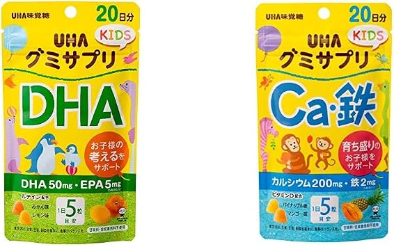 Set Purchase UHA Gummy Supplement Kids DHA Mandarin and Lemon Flavor Assorted, Stand Pouch, 20-Day Supply, 100 Tablets & Calcium/Iron, Pineapple/Mango Flavor, 20-Day Supplement, 100 Tablets