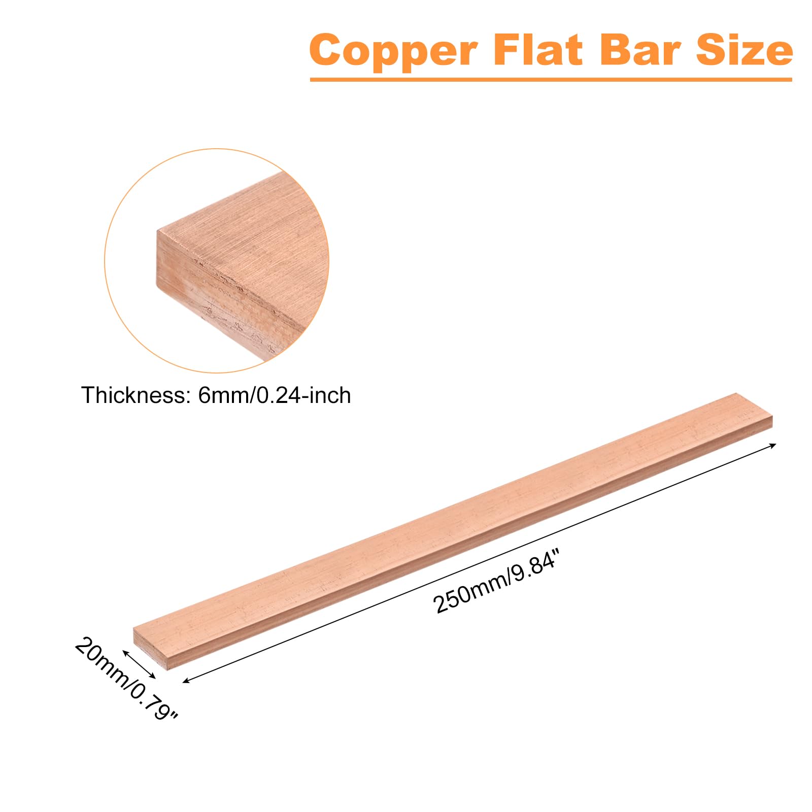 sourcing map Barra plana de cobre, 1/4 pulgadas de grosor x 25/32 pulgadas de ancho x 10 pulgadas de largo, molino de placa de cobre para electricidad (6 mm x 20 mm x 250 mm)