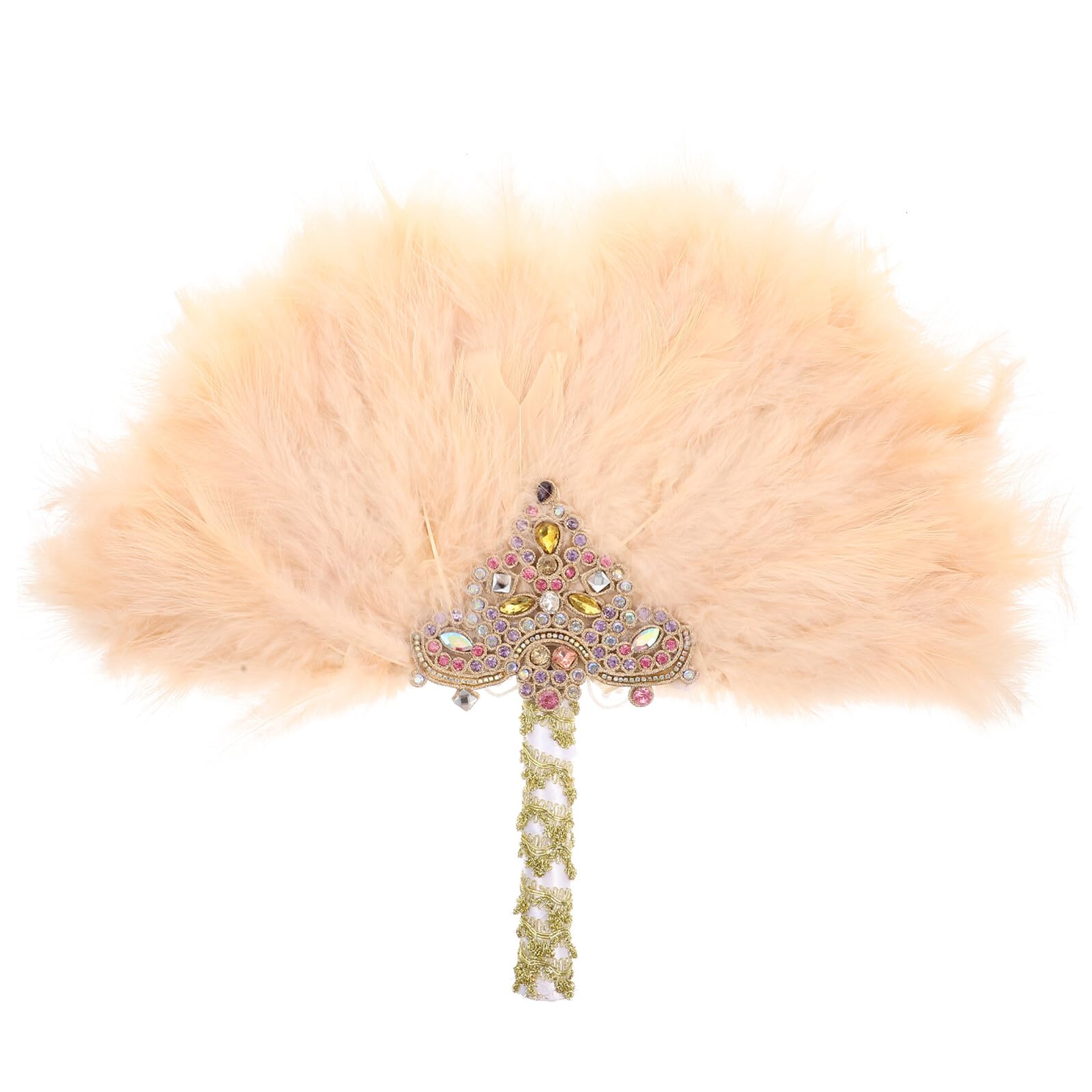 Ventaglio da Sposa Rotondo Beige Piume e Cristalli, Fatto a Mano, Accessorio Fotografico per Matrimoni e Feste