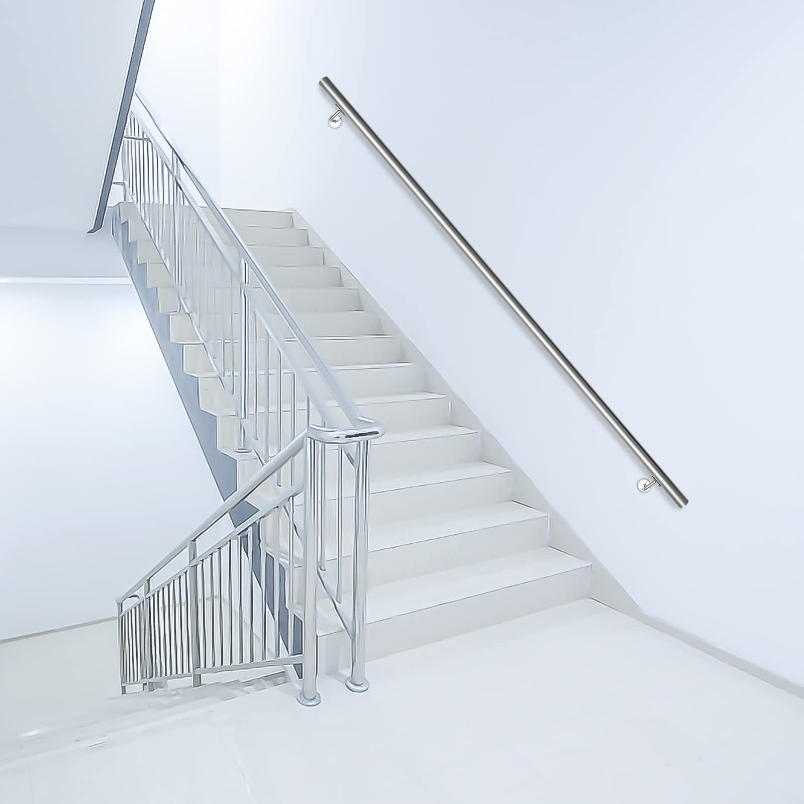 Fiqops Pasamanos de acero inoxidable, barandilla para escaleras, 200 cm, acero inoxidable, pasamanos de pared, para exterior e interior, pasamanos de 42 mm de diámetro, con soporte de pared y tacos de